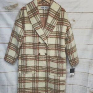 Nine West Mid-Length Cream/Coffee/Pink Plaid Coat, Size Small